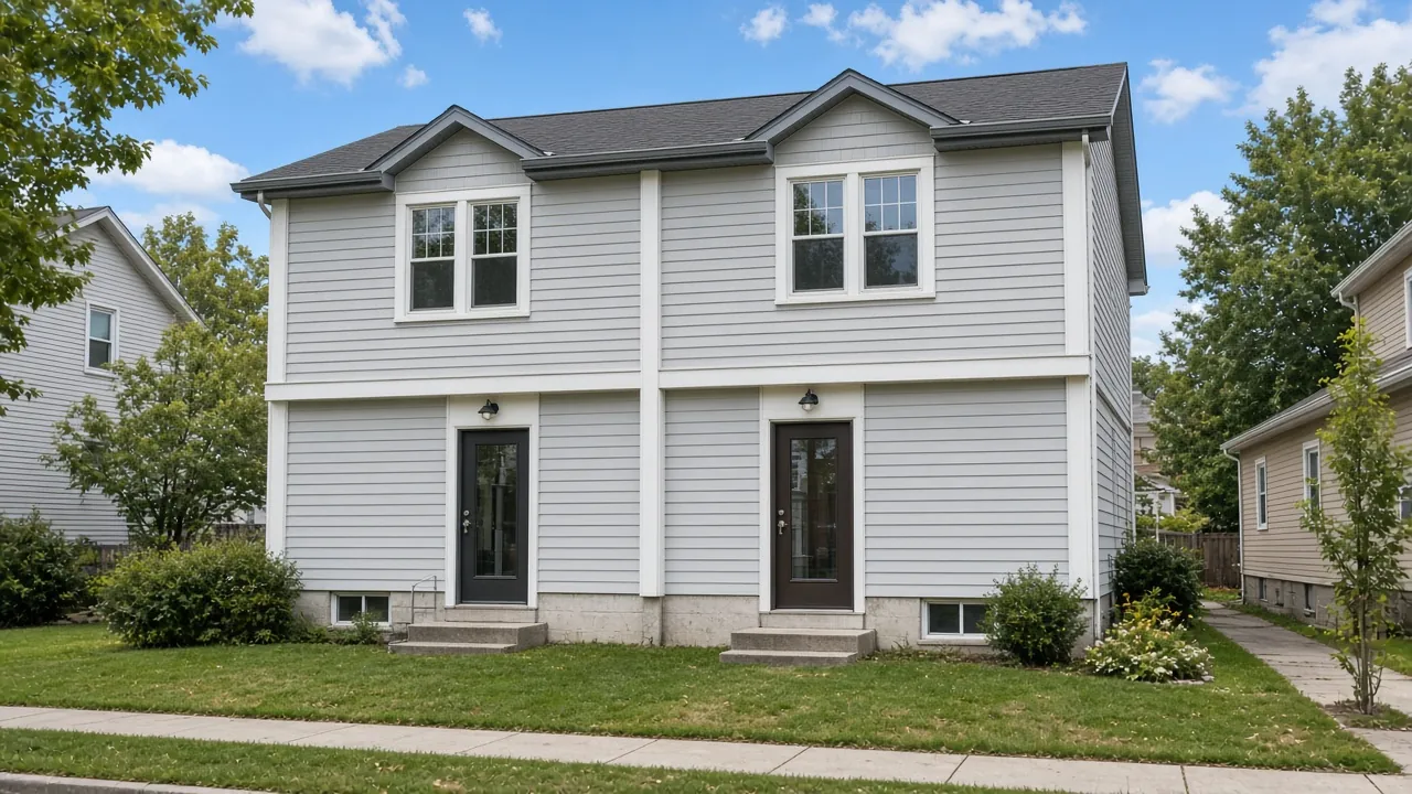 Two-story gray-sided duplex with two front doors side by side, a lawn, and a front walk; no readable text or faces.