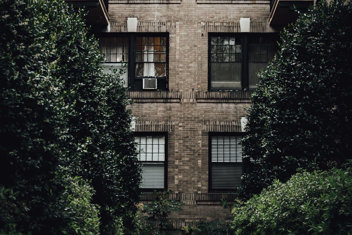 Tan brick wall between dark-green bushes, dark-framed windows, blinds, and a white air conditioner; no readable text or faces.