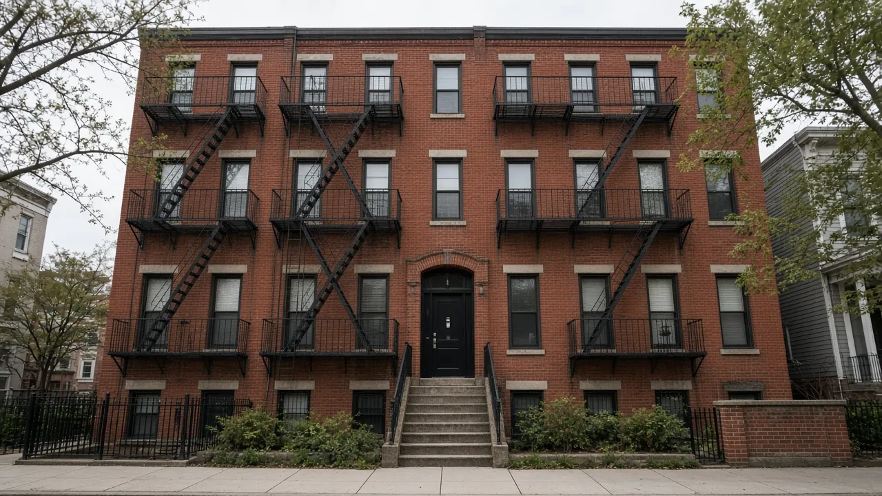 Four-story red-brick walk-up with black fire escapes, a center entry with stone steps, and a tree at each side; no readable text or faces.